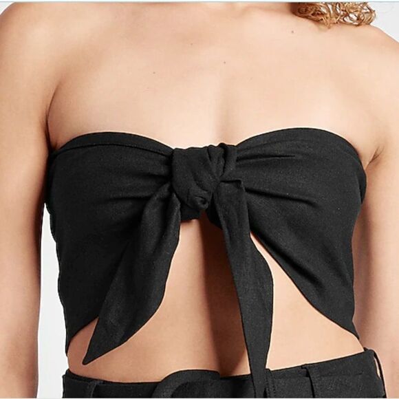 EXPRESS Linen-Blend Tie Front Bandeau Top / Crop Top in Black NWT (L + XL) - Picture 2 of 16